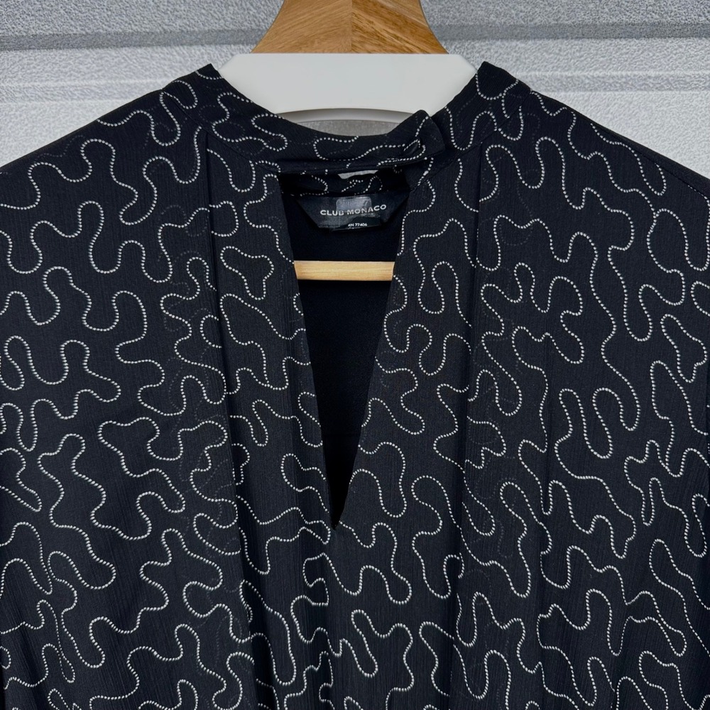 Club Monaco Black Abstract Print Chiffon Long Sleeve Drawstring Dress Size 6 - Picture 4 of 12